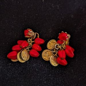 Vintage Dangle Clip Earrings with Red Beads, Roman Coins and Gold Tone